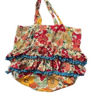 Natural Life Floral Boho Tote Bag Pom Pom Trim Colorful Hippie Purse